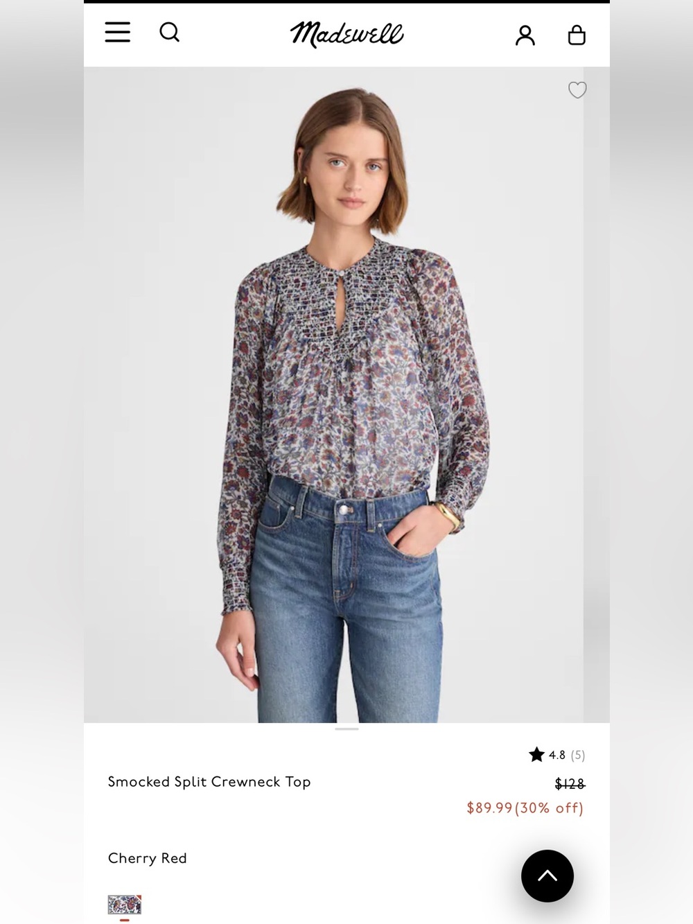 Madewell Smocked Split Crewneck Top - Cherry Red Multi